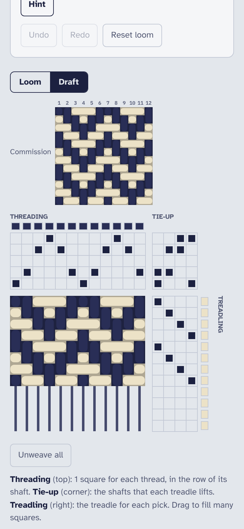 The draft view: threading, tie-up and treadling on squared paper.