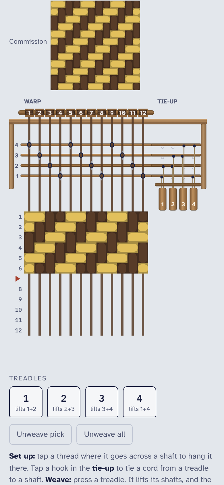 The loom on a phone, with a twill half woven.